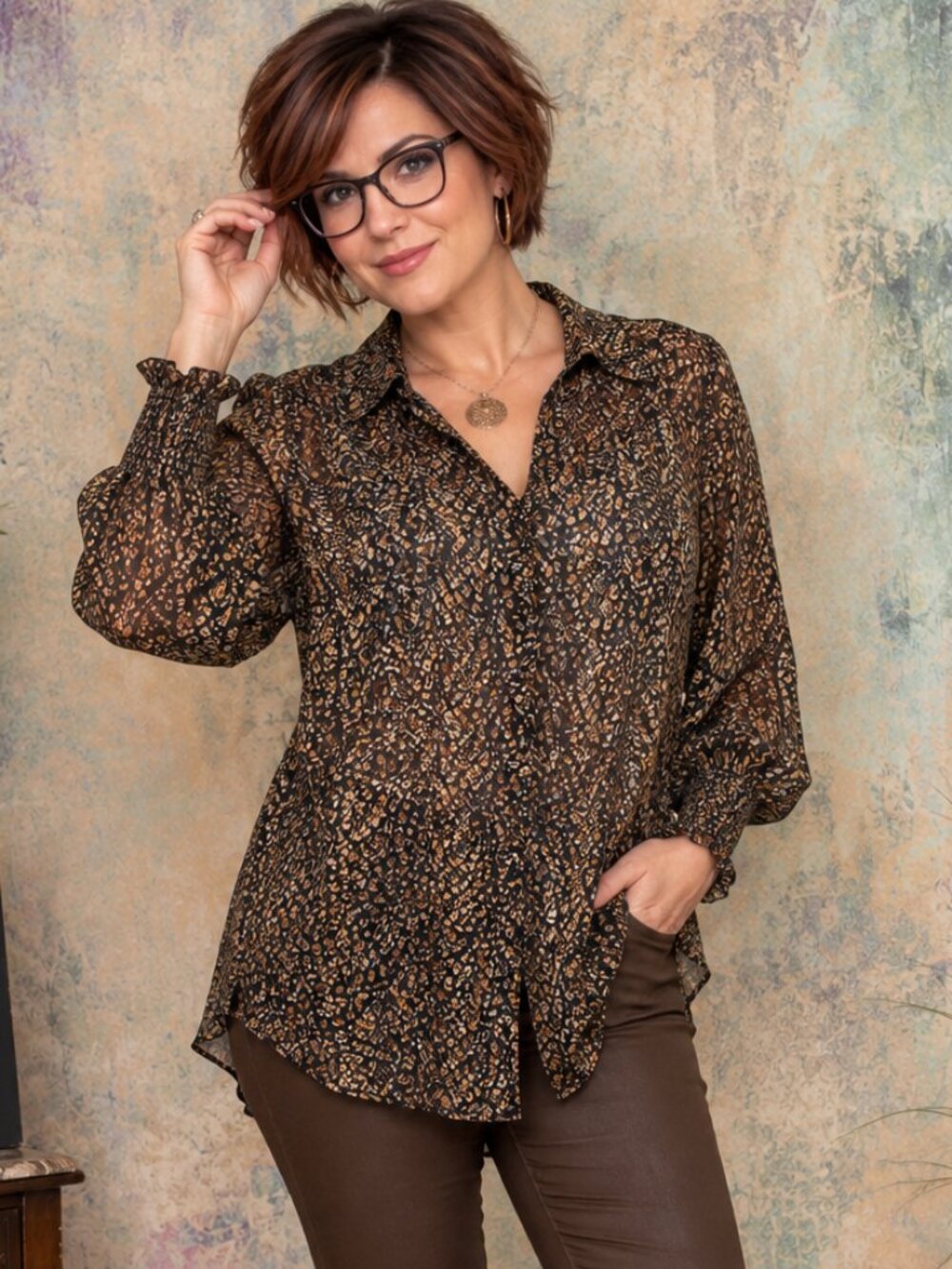 NWT📌Pleione Light Transparent Micro Leopard Print Blouse - Top